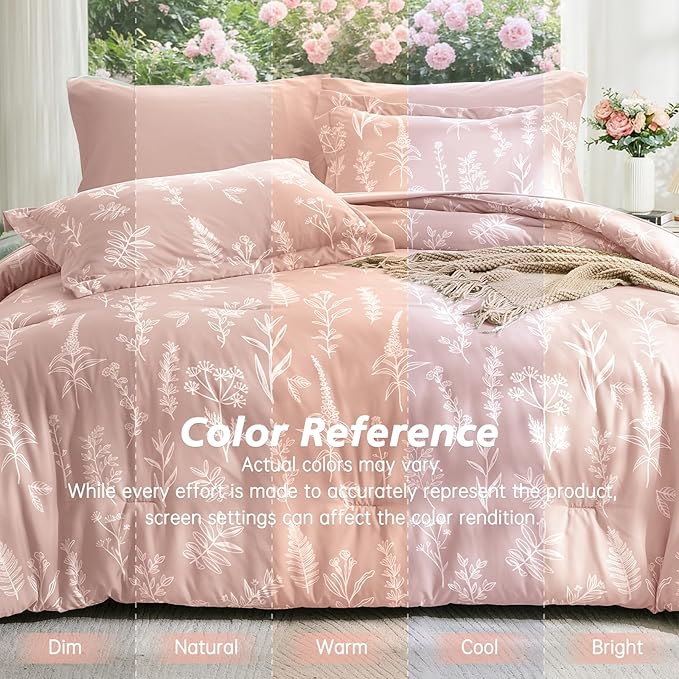 MUXHOMO Cameo Pink Full Comforter Set, Elegant Floral Print Bed in a Bag 7 Pieces, Ultra Soft & Breathable Reversible Botanical Pattern Bedding Set with Comforter, Sheets, Pillowcases, and Shams