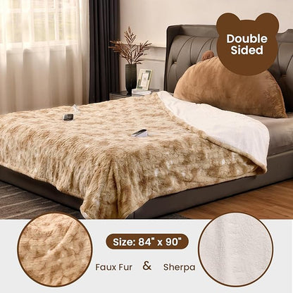 Bearhug Electric Blanket Queen Size 84" x 90", Dual Controller Heated Blanket, Faux Fur & Sherpa, 10-Heat Levels & 1-12H Auto Off, Over-Heat Protect, ETL, Machine Washable