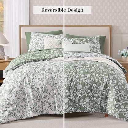 King Comforter Set -7 Pieces Floral Grey Green Comforter Set for All Seasons, Bed in a Bag King with Botanical Flowers Comforter, Sheets, Pillowcases & Shams