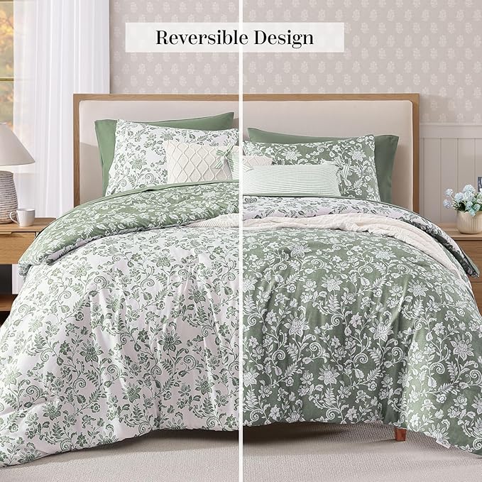 Twin XL Comforter Set -5 Pieces Floral Grey Green Bedding Set for All Seasons, Bed in a Bag with Botanical Flowers Comforter, Sheets, Pillowcase & Sham
