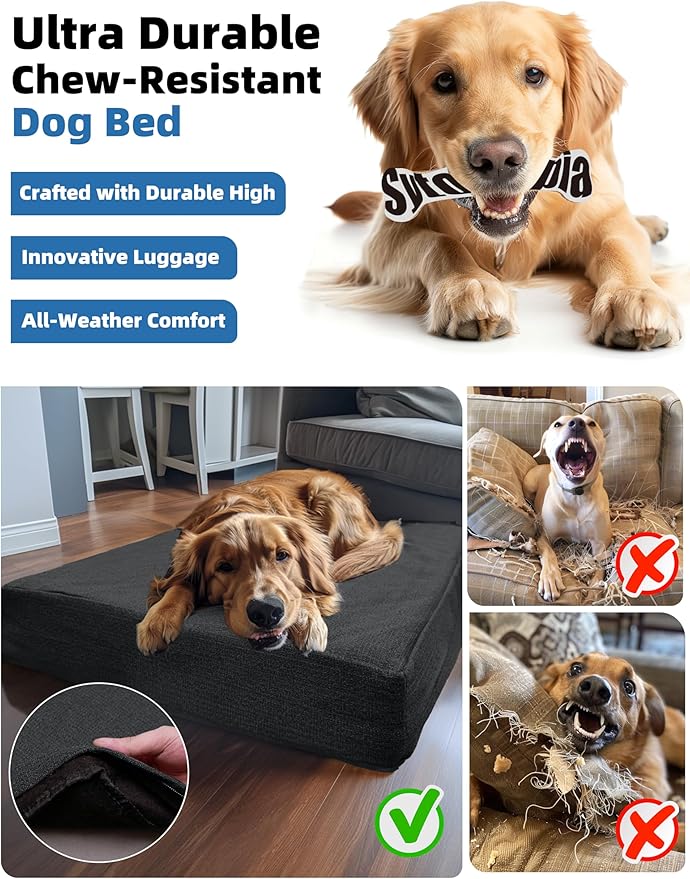 Sytopia Indestructible 42 Inch Orthopedic Waterproof Dog Crate Bed chew Proof for Extra Large Dogs, Removable Washable Cover, Egg Crate Foam Mat, Suitable for Dogs Up to 100 Lbs, Dark Grey