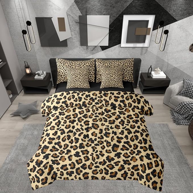 Erosebridal Leopard Print Beige Yellow Black Comforter Set Queen Size 7 Pieces | Cheetah Fur Bed in A Bag Animal Skin Pattern Bed Set Women Men Adults Bedding