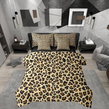 Erosebridal Leopard Print Beige Yellow Black Comforter Set Queen Size 7 Pieces | Cheetah Fur Bed in A Bag Animal Skin Pattern Bed Set Women Men Adults Bedding