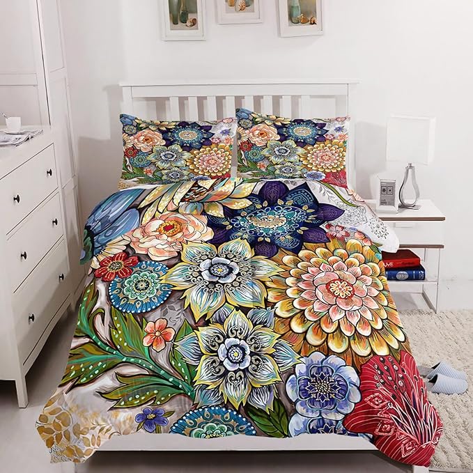 3 Piece Boho Floral Bedding Set,Colorful Flowers Comforter Set,Bohemian Reversible Down Alternative Bed Sets,Twin Size Soft Microfiber Flower Duvet Vintage Bedding in a Bag for Women Men