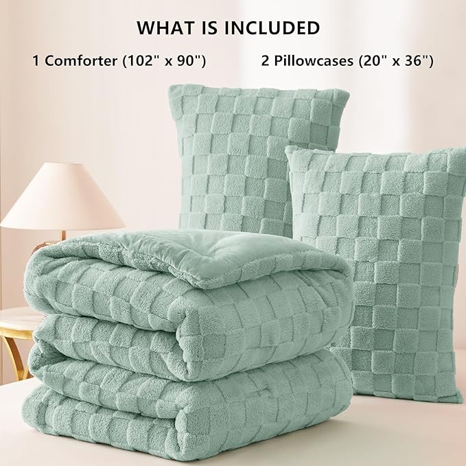 CozyLux Fleece King Comforter Set Sage Green,Super Soft & Warm Fluffy Bedding with Checkered Pattern,Luxury Fuzzy Heavy Bed Set for Winter,3 Pieces,1 Comforter and 2 Pillowcases