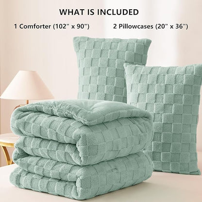 CozyLux Fleece King Comforter Set Sage Green,Super Soft & Warm Fluffy Bedding with Checkered Pattern,Luxury Fuzzy Heavy Bed Set for Winter,3 Pieces,1 Comforter and 2 Pillowcases