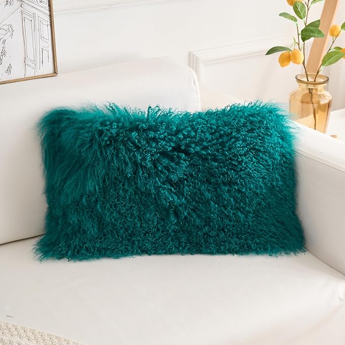 Genuine Mongolian Lamb Fur Pillow Cover – 12"x20" Rectangular Cushion Case – Soft Curly Wool Decorative Accent for Sofa, Bed, or Chair(Teal)