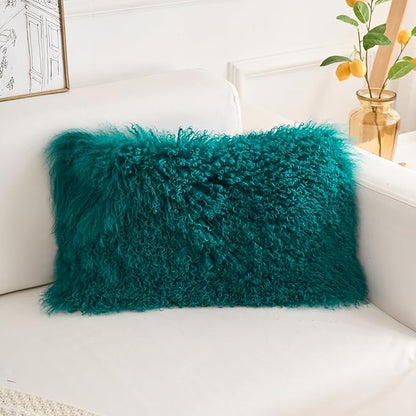 Genuine Mongolian Lamb Fur Pillow Cover – 12"x20" Rectangular Cushion Case – Soft Curly Wool Decorative Accent for Sofa, Bed, or Chair(Teal)