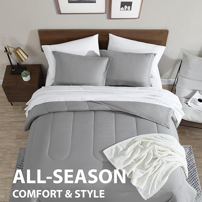 Cathay Home Basic Bedding Home Essential Ultra Soft Light Weight 6PC Wrinkle Resistant Microfiber Bed in a Bag Set (Includes Complete Sheet Set, Comforter Set & Bedskirt) - Twin, Light Gray
