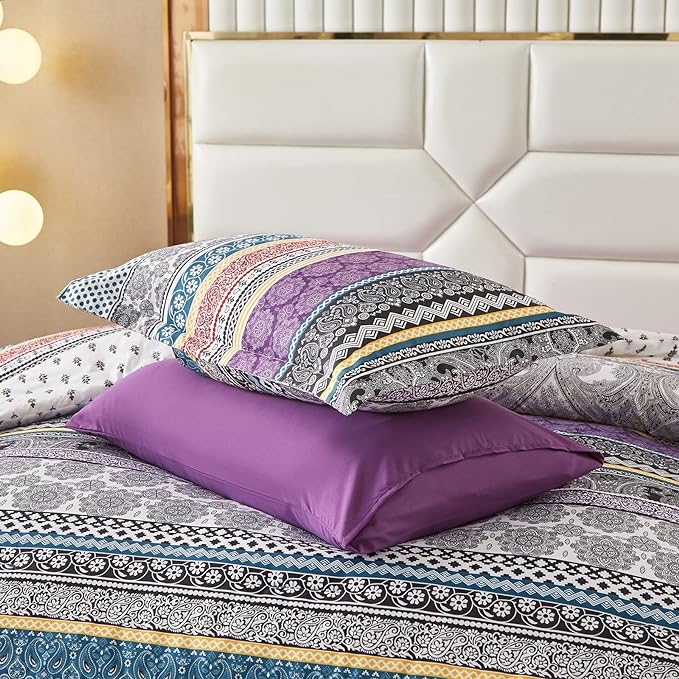 Cottolester Boho Comforter Set Full Size 8 Piece Bed in a Bag Bohemian Striped Bedding Quilt Set Purple Paisley Floral Comforter and Sheet Set,Soft Microfiber Complete Bedding Sets for All Season