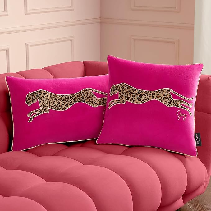 Juicy Couture Reversible Velvet Cheetah Pillow, 18" x 18" Decorative Pillow, Hot Pink