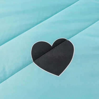 Caressma Love Pattern Girls Comforter Set Full Size, Sky Blue Cute Love Heart Print Comforter Bedding Set for All Seasons, Geometric Soft Microfiber 3 Pieces Comforter Set with Pillowcases