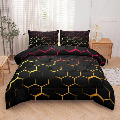 Tailor Shop Honeycomb Comforter Set Queen Size Geometric Hexagon Bedding Set for Kids Boys Teens Room Decor Yellow Red Black Neon Lights Comforter with 2 Pillowcases…