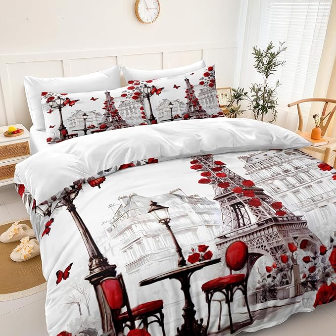 Paris Comforter Set 8 Pcs Red Rose Bedding Set Eiffel Tower Retro France Comforter Red Butterfly Romantic French Bed Comforter King Bed in A Bag