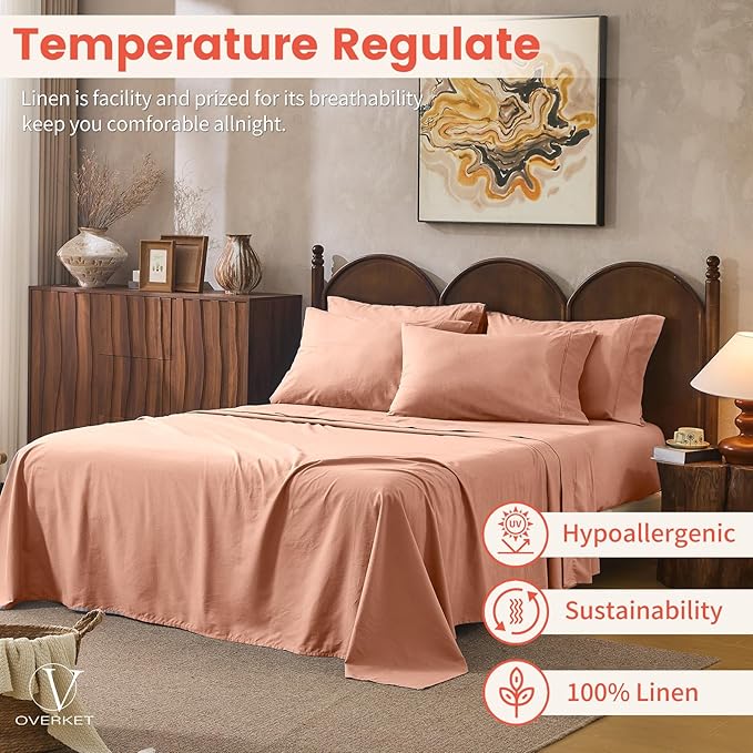 100% Linen Sheets King Size,Breathable & Durable 4-Piece Bed Flax Sheet Set,Soft All-Season Bedding for Hot Sleepers 16" Deep Pocket Oeko-TEX Certified,（King, Light Red）