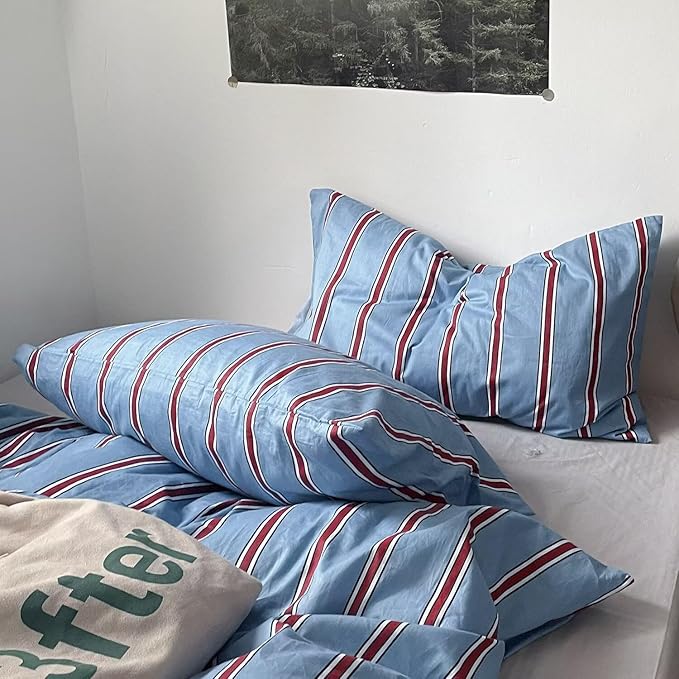mixinni Vintage Blue & Red Striped Comforter Set King Size - Soft Cotton 3-Piece Bedding Set (1 Comforter + 2 Pillowcases), Retro Geometric Stripes Pattern, All-Season Lightweight & Breathable