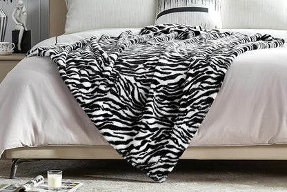 JONIYEAR Decorative Fuzzy Zebra Print Faux Rabbit Fur Throw Blanket 50" x 60",Double Sided Soft Thick Warm Shaagy Fluffy Blankets for Winter, Cute Cozy Plush Animal Blanket for Women, White and Black
