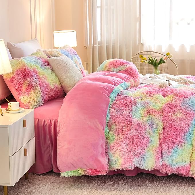 Andency Faux Fur Tie-Dyed Rainbow Comforter King Size, 3 Pieces Fluffy Fuzzy Plush Bedding Comforter Set (1 Shaggy Velvet Comforter & 2 Pillowcases), Soft Puffy Comfy Down Comforter Bedding Set