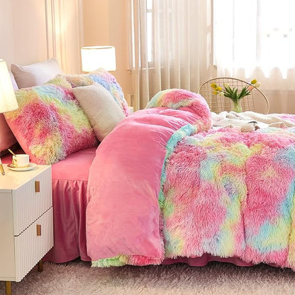 Andency Faux Fur Tie-Dyed Rainbow Comforter Set Full Size, 3 Pieces Fluffy Fuzzy Plush Bedding Comforter Set (1 Shaggy Velvet Comforter & 2 Pillowcases), Soft Puffy Down Comforter Bedding Set