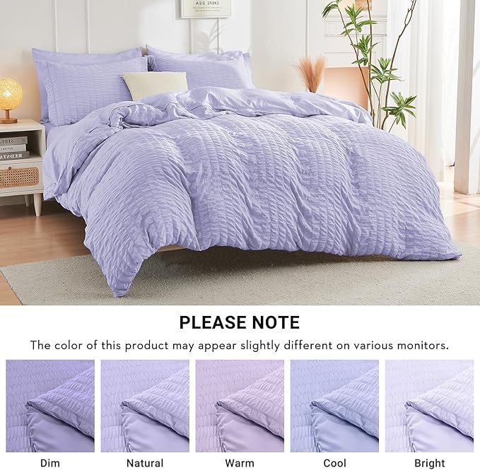 HYMOKEGE Light Purple King Size Comforter Set Seersucker 7 Pieces, All Season Luxury Bed in a Bag for Bedroom, Bedding Set with Comforter, Sheets, Pillowcases & Shams