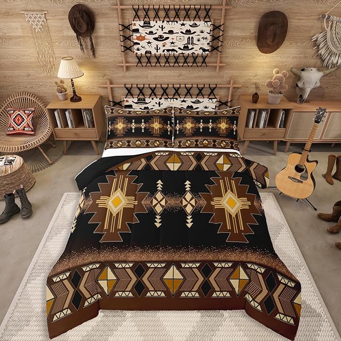 Erosebridal Boys King Western Aztec Comforter Set, Boho Southwestern Bedding Set Brown Primitive Tribal Bedding Comforter Sets Boho Vintage Rural Quilt American Native Bedroom Decor for Teens