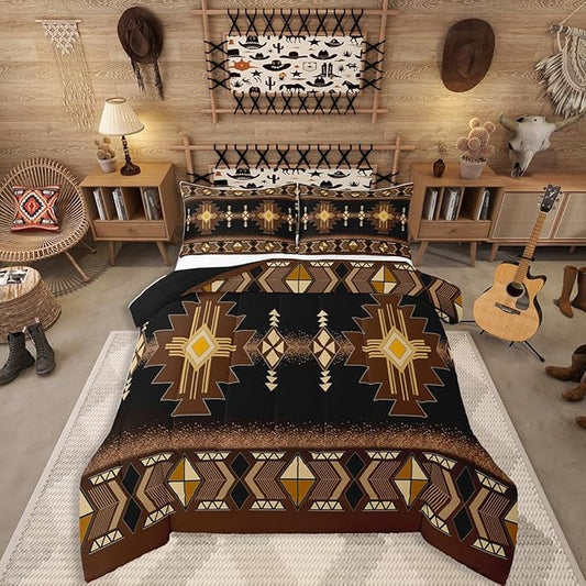 Erosebridal Boys King Western Aztec Comforter Set, Boho Southwestern Bedding Set Brown Primitive Tribal Bedding Comforter Sets Boho Vintage Rural Quilt American Native Bedroom Decor for Teens