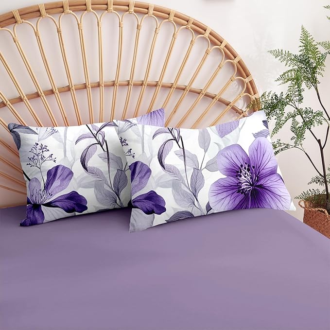 Nayoroom Purple Floral Comforter Set Queen Size Lavender Blooming Flower Leaf Printed Spring Comforter 3 Pcs Soft Lightweight Cottagecore Bedding Set for All Seasons (1 Comforter, 2 Pillowcases)