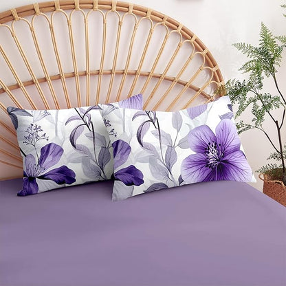 Nayoroom Purple Floral Comforter Set King Size Lavender Blooming Flower Leaf Printed Spring Comforter 3 Pcs Soft Lightweight Cottagecore Bedding Set for All Seasons (1 Comforter, 2 Pillowcases)