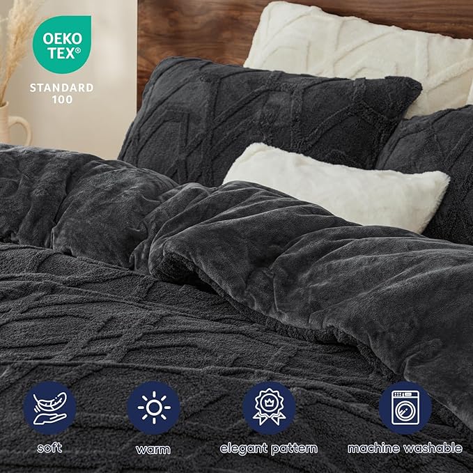 PHF Warm Sherpa Fleece King Comforter Set, 3D Tufted Fluffy Dark Grey Bedding for Winter, Soft 2 Pieces Shaggy Bed Set, 1 Comforter (104"x90") and 2 Pillowcases (20"x36")