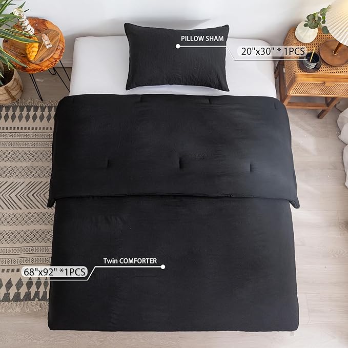 Ultra-Soft Black Twin Comforter Set, Washed Cotton 2 Piece Fluffy Lightweight Down Alternative Bedding Comforter for All Seasons - 1 Conforter and 1 Pillowcase - Twin/Twin XL Size Signal Dorm Kids Bed