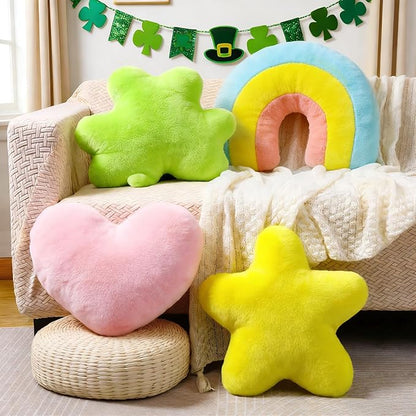 Set of 4 Plush St. Patrick's Day Pillows Lucky Charm Cereal Pillows Shamrock Shaped Throw Pillow Decorative Celtic Irish Clover Sofa Couch Cushion Pillow for Home Bedroom Livng Room Decor