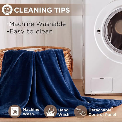 Westinghouse Heated Queen Size Blanket - Electric With 10 Heating Levels, 1-12 Hours Auto Shut Off, Fast Warming, Machine Washable (84x90 Inches, Navy Blue)