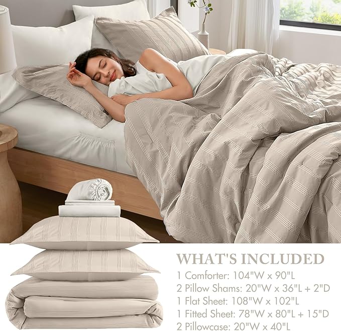 Madison Park Essentials Striped Comforter Set King, 7 Pieces Modern Minimalist Jacquard Bedding Set for All Season, Bed in A Bag with Sheet Set and Soft Brushed Reverse, Lightweight Neutral