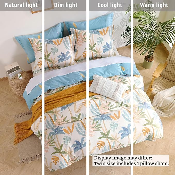 Tropical Coastal Blue Cotton Comforter Twin Size 2Pcs - Bright Orange, Olive Green & Beige Palm and Leaf Patterns, Botanical Lightweight Reversible Bedding Sets with Soft Fill(68"×90")