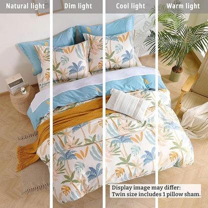 Tropical Coastal Blue Cotton Comforter Twin Size 2Pcs - Bright Orange, Olive Green & Beige Palm and Leaf Patterns, Botanical Lightweight Reversible Bedding Sets with Soft Fill(68"×90")