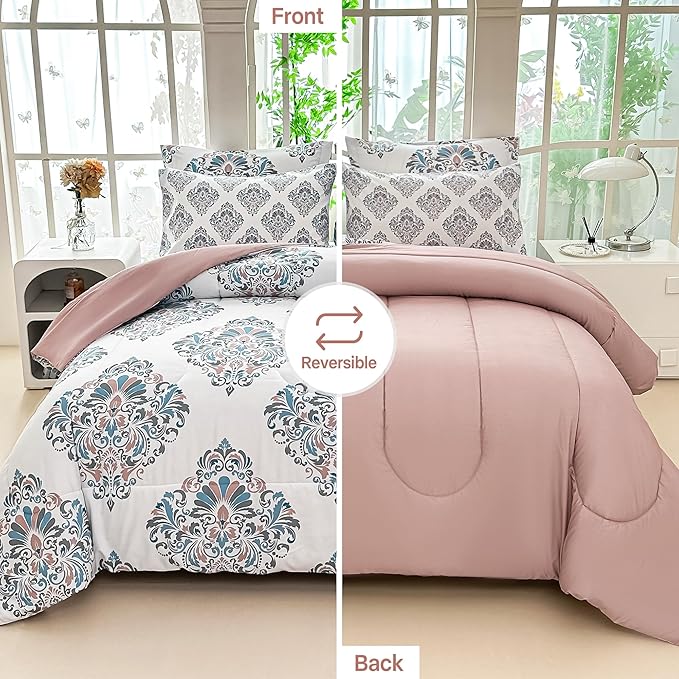 Floral King Comforter Set with Sheets, 7 Piece Luxury Vintage Bedding, Soft Microfiber Bed in a Bag, Cozy Lightweight Bed Set, Damask Boho Flower