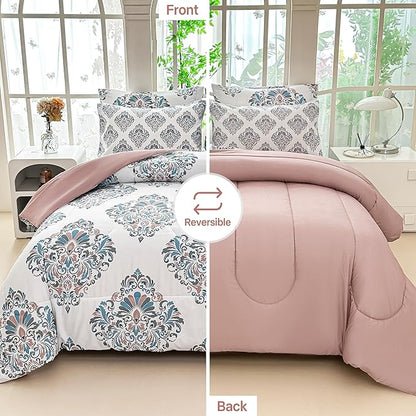 Floral King Comforter Set with Sheets, 7 Piece Luxury Vintage Bedding, Soft Microfiber Bed in a Bag, Cozy Lightweight Bed Set, Damask Boho Flower