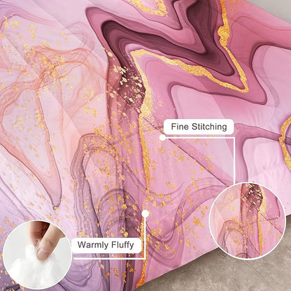 Queen Pink Marble Comforter Set for Girls Kids and Women Pink and Gold Marble Bedding Set for All Seasons Aesthetic Tie Dye Comforter for Girls Bed with 1 Quilt and 2 Pillowcases