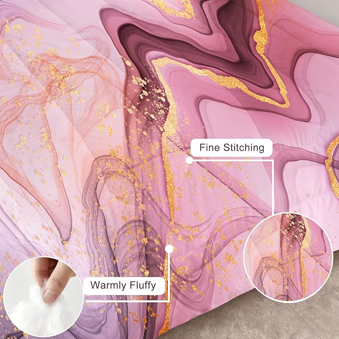 Marble Pink Gold Comforter Sets Full Pale Pink Chic Bedding Set for Girls Teens Women Boys Gold Glitter Luxury Marbling Texture Quilt Microfiber Girls Bedding Set for All Age