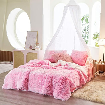 Luxury Faux Fur Shaggy Fluffy Comforter Set Full/Queen Size Mixed Blush Pink and White Long Hair, 3 Pieces Plush Flannel Sherpa Backing Reversible Soft Microfiber Bedding Set Super Warm for Winter
