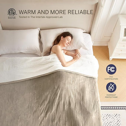 Electric Blanket Throw 50"x60" Heated Electric Blankets 10 Heating Levels 12 Time Settings 3 Hours Auto Off Fast Heating and Overheat Protection ETL Certified Machine Washable,Light Brown