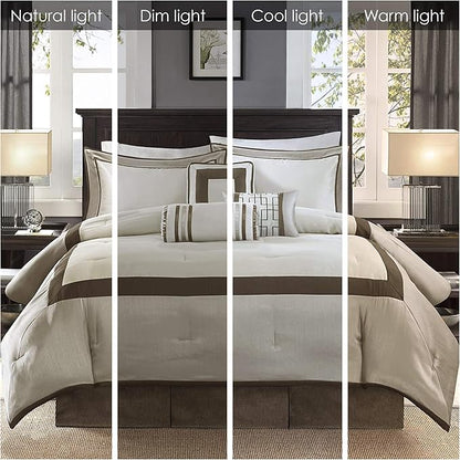 Madison Park Cozy Comforter Set-Deluxe Hotel Collection, All Season Down Alternative Luxury Bedding with Matching Shams, Decorative Pillows, King (104"x92"), Genevieve, Taupe/Brown 7 Piece