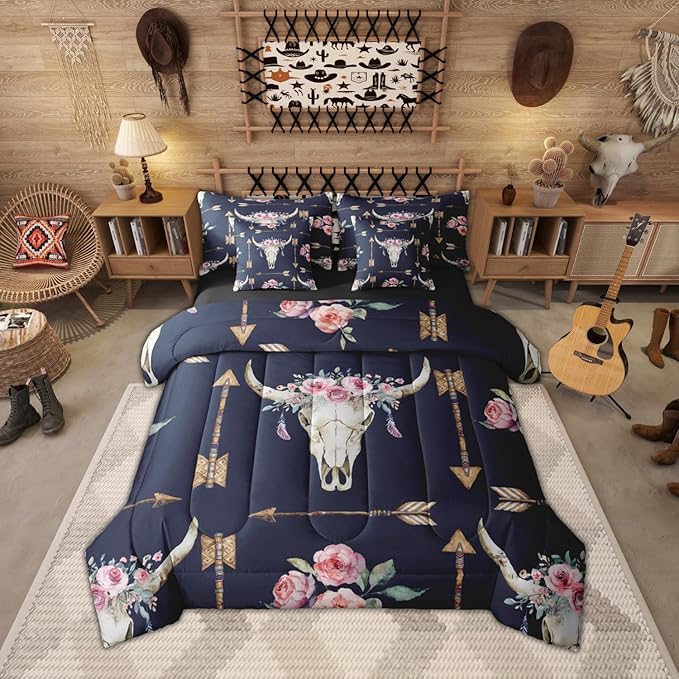 Erosebridal Bull Skull 7 Piece Bedding Set Twin Boho Comforter Set with Sheets Arrows Pink Rose Feather Aztec Bed in a Bag Mysterious Tribal Style Colorful for Teens Men Women