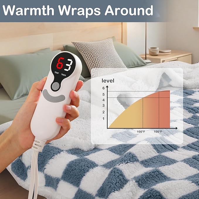 Electric Heated Blanket Full Size 72"×84" with 9 Heating Levels & 1-10Hs Auto Off, Checkered Plaid Double Sided Sherpa, Energy Efficient, Machine Washable, for Couch & Bed, Light Blue