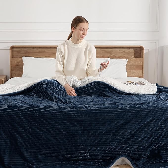 Electric Blanket Full Heated Blanket Full Size - Striped Flannel & Thick Sherpa, 5 Heat Settings & 10 Hour Auto Off with FCC/ETL Certified, Overheat Protection & Machine Washable, Navy Blue 72"x84"