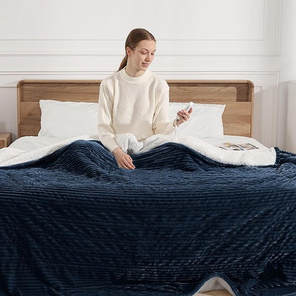Electric Blanket Full Heated Blanket Full Size - Striped Flannel & Thick Sherpa, 5 Heat Settings & 10 Hour Auto Off with FCC/ETL Certified, Overheat Protection & Machine Washable, Navy Blue 72"x84"