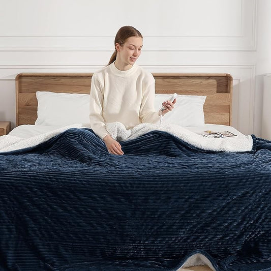 Electric Blanket Full Heated Blanket Full Size - Striped Flannel & Thick Sherpa, 5 Heat Settings & 10 Hour Auto Off with FCC/ETL Certified, Overheat Protection & Machine Washable, Navy Blue 72"x84"