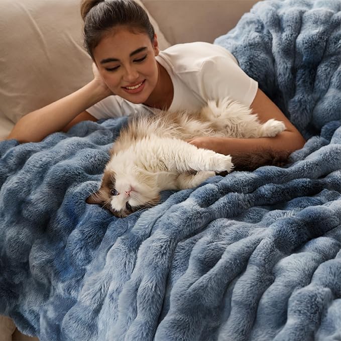 Bedsure GentleSoft Fluffy Fuzzy Tie-dye Blue Throw Blanket, Soft Cozy Fleece Faux Fur Blanket for Couch, Navy Blue Room Decor Minky Velvet Bed Cover, Thick Warm Plush Women Men Birthday Gifts