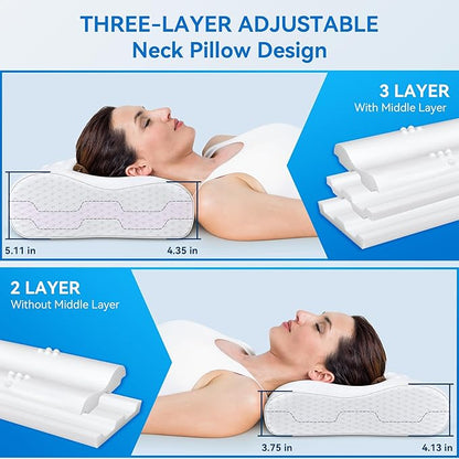Cervical Neck Pillow King Size -Adjustable Sandwich Dynamic Memory Foam Pillows for Sleeping, Cooling Contour Pillow Ergonomic Orthopedic for Side, Back & Stomach Sleepers Soft, White