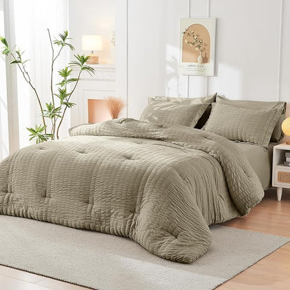 HYMOKEGE Linen Twin XL Comforter Set Seersucker 5 Pieces, All Season Luxury Bed in a Bag for Bedroom, Bedding Set with Comforter, Sheets, Pillowcase & Sham